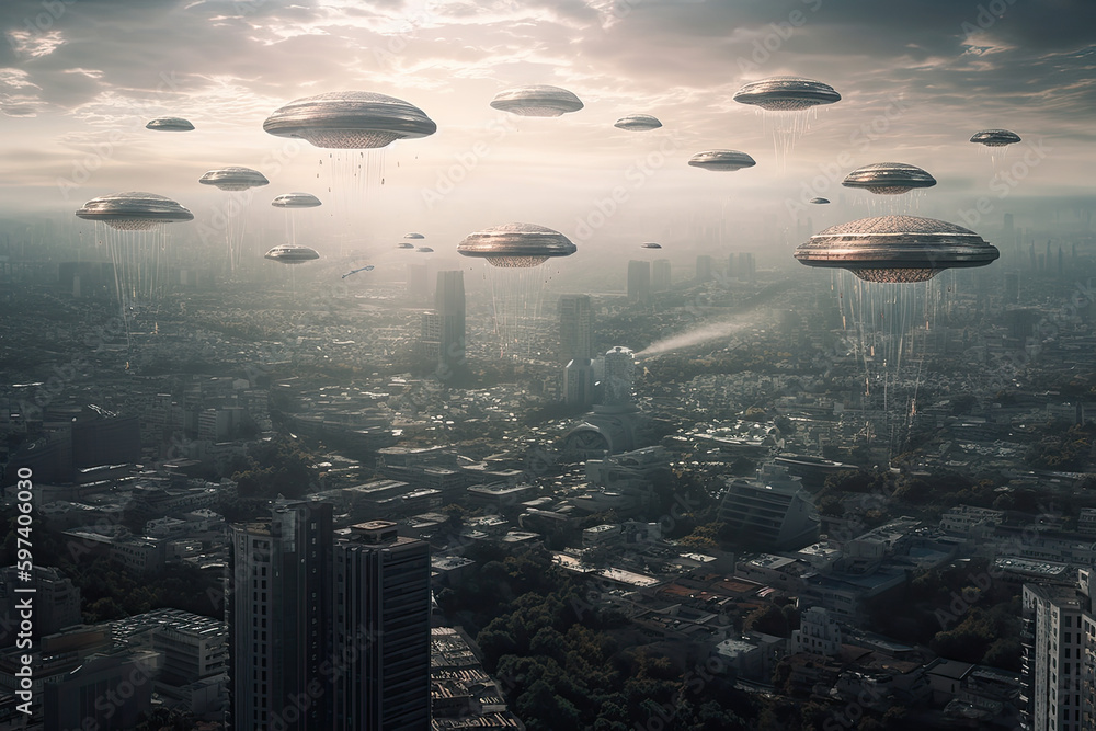 The Alien Invasion: Generative AI UFO and Alien Vessels Descending on an Urban Metropolis The Alien Invasion: Generative AI UFO and Alien Vessels Descending on an Urban Metropolis