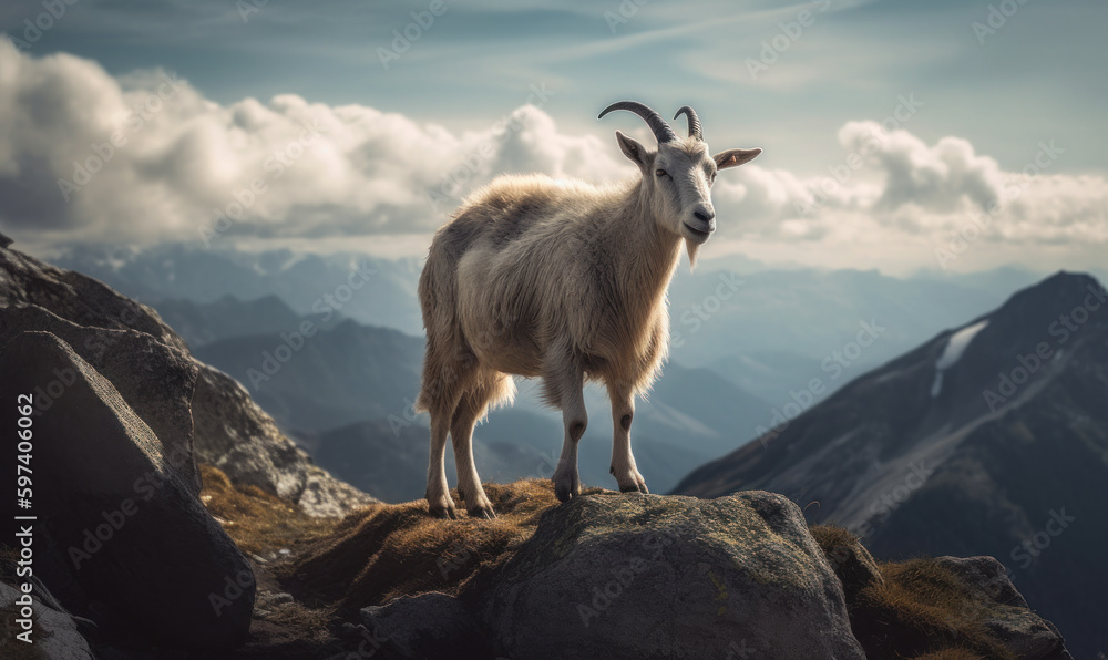 Alpine Majesty: Photo of goat, a majestic Alpine breed, standing atop a rocky outcrop, overlooking a vast mountain range, while lighting creates a dramatic, otherworldly effect. Generative AI