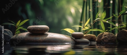 Relaxing wellness background with stones and bamboo waterfall background ,Generative AI 