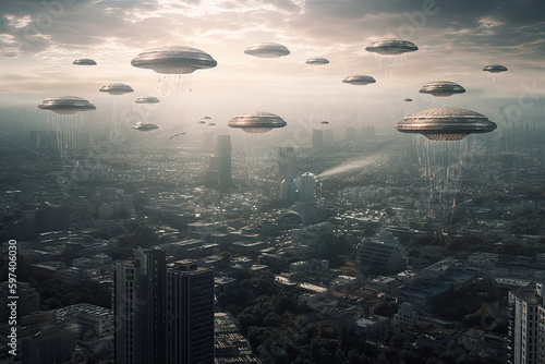 The Alien Invasion: Generative AI UFO and Alien Vessels Descending on an Urban Metropolis photo