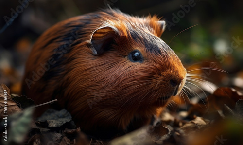 sunset close up photo of guinea pig on blurry forest background. Generative AI