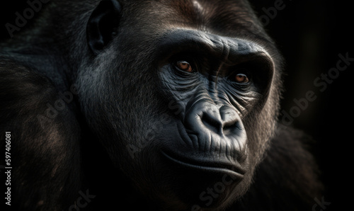 close up photo of gorilla on black background. Generative AI © Bartek