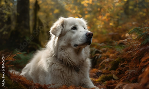 photo of Great Pyrenees sitting on a forest path in Autumn. Generative AI