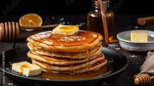 Classic pancake with butter and honey