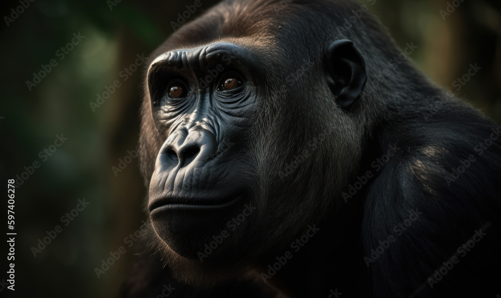 Photo of gorilla, imposing & majestic, standing tall in heart of an African rainforest. gorilla's thick fur, rippling muscles, and intense gaze are illuminated by the soft, warm light. Generative AI
