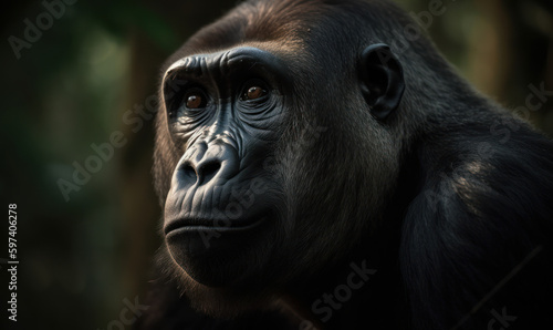 Photo of gorilla, imposing & majestic, standing tall in heart of an African rainforest. gorilla's thick fur, rippling muscles, and intense gaze are illuminated by the soft, warm light. Generative AI © Bartek