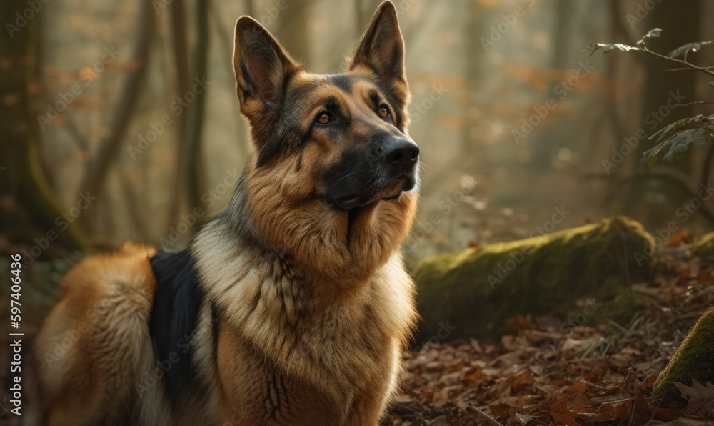 sunset close up photo of German Shepherd on blurry forest background. Generative AI