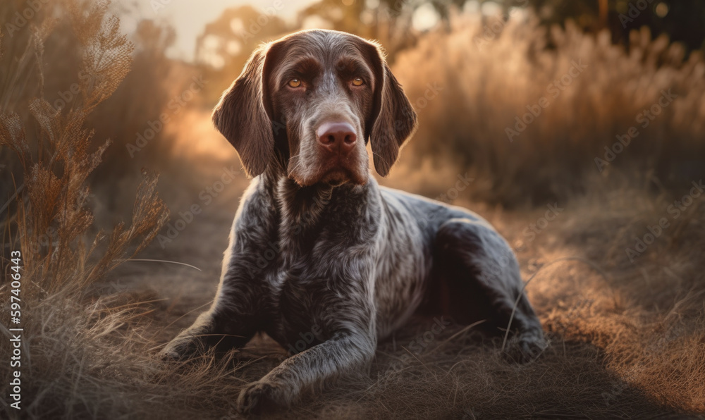 sunset photo of German wirehaired pointer in its natural habitat. Generative AI