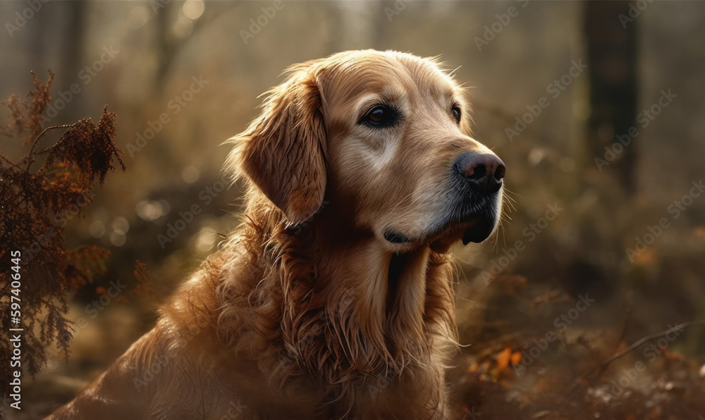 Obraz premium close up photo of Golden Retriever dog on blurry forest background. Generative AI