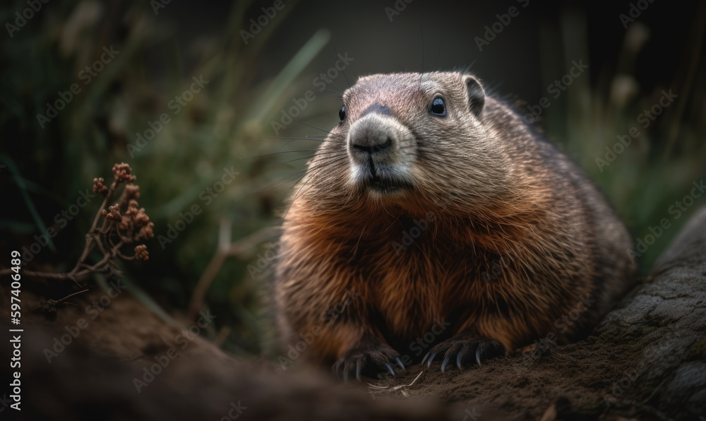 close up photo of groundhog on blurry natural background. Generative AI close up photo of groundhog on blurry natural background. Generative AI