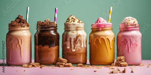 Different delicious freak shakes on color background. Generative AI photo