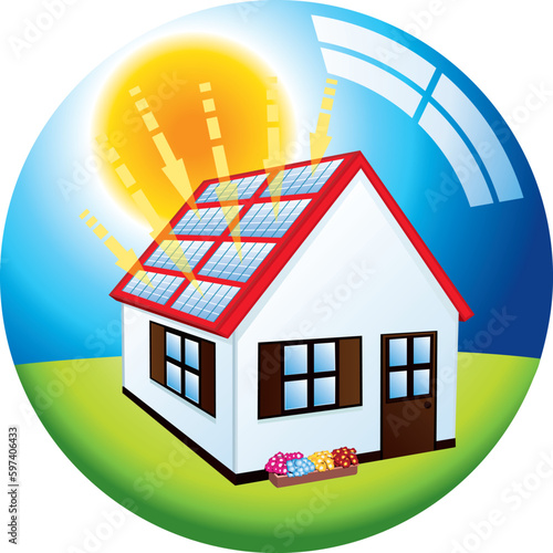 Solar energy panels. Free power vector house. Ecological home.
