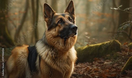 sunset close up photo of German Shepherd on blurry forest background. Generative AI