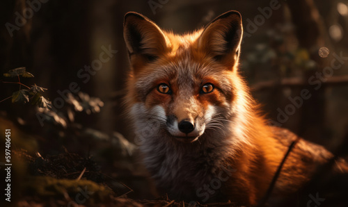 Photo of fox in golden light of dawn, with a mischievous glint in its eye, image showcases details of the fox's russet fur, sharp features, and alert posture, set against dense forest. Generative AI