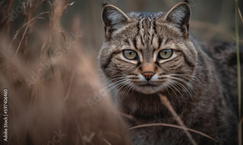 Geoffroy’s cat, small wild feline native to South America, crouched low in tall grass, alert & ready to pounce on its prey. portrait captures essence of Geoffroy's cat in its habitat. Generative AI © Bartek