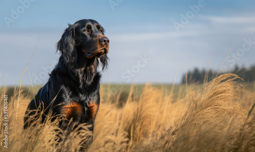 Photo of Gordon setter, majestic and alert, standing in a field of tall grasses with a backdrop of rolling hills and a clear blue sky highlighting the beauty and elegance of the dog. Generative AI