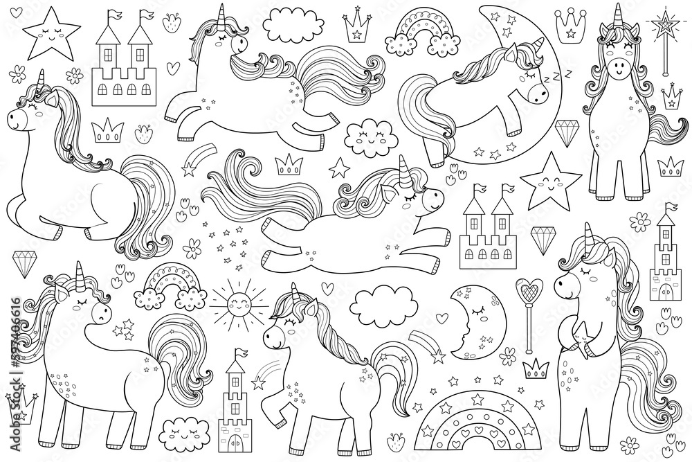 Cute unicorns set in black and white. Magic horses outline collection with rainbows, castles, hearts for coloring book. Fantasy pony isolated elements. Vector illustration