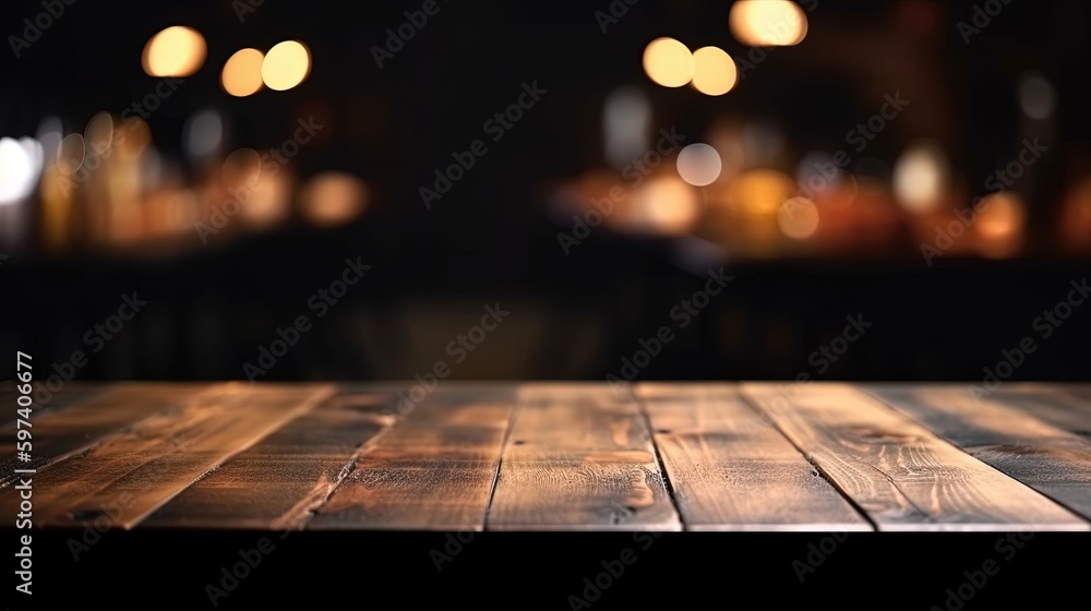 Dark wood table top, blurred background, empty table for product presentation. Rustic table, mock up for space. Generative AI