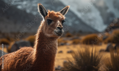 close up photo of guanaco (Lama guanicoe) on blurry background of its natural habitat. Generative AI © Bartek