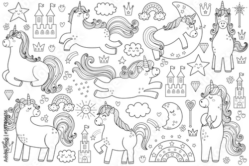 Cute unicorns set in black and white. Magic horses outline collection with rainbows  castles  hearts for coloring book. Fantasy pony isolated elements. Vector illustration