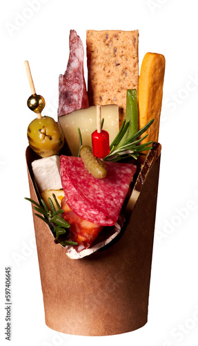 Charcuterie cups with assorted cheese, salami, olives and nuts. Appetizers cups, Snack cups, Charcuterie cones. Isolated