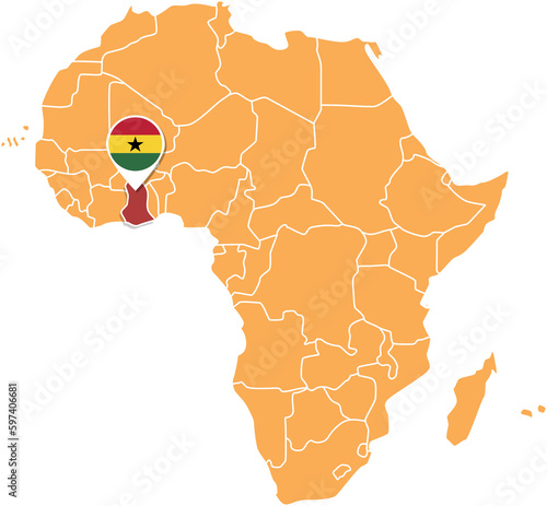 Ghana map in Africa, Ghana location and flags.
