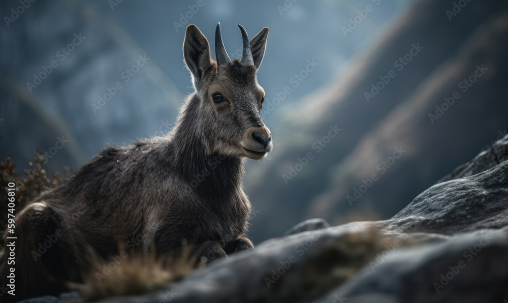 Fototapeta premium Goral (genus Naemorhedus, captured in a moment of calm contemplation amidst rugged terrain of the Himalayas. Portrait accentuating the goral's majestic horns and intricate fur patterns. Generative AI