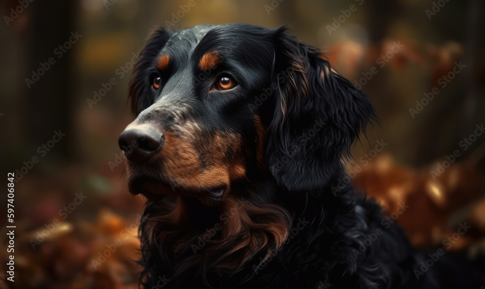 close up photo of Gordon setter on blurry forest background. Generative AI