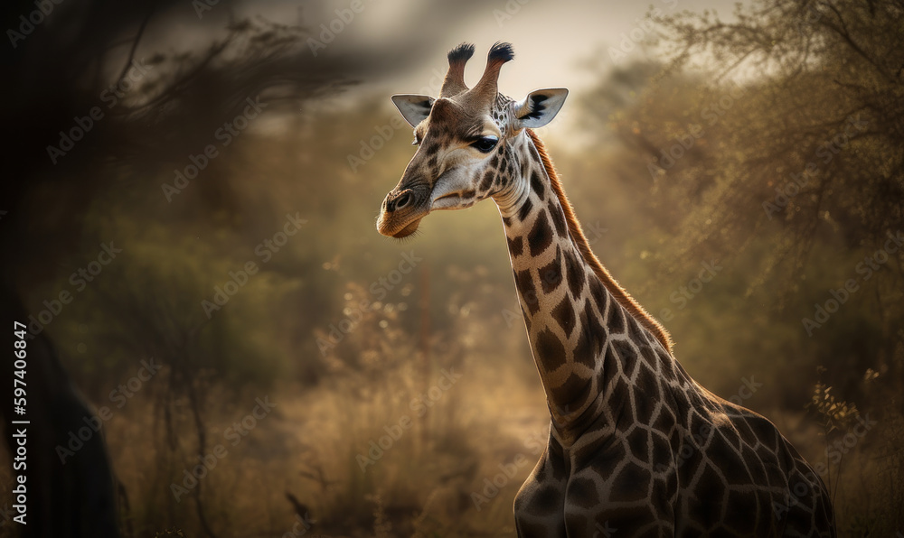 photo of giraffe in its natural habitat. Generative AI