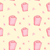 Seamless pattern of a pink popcorn bucket for print with a pastel yellow background. Fun snack for the 2000 party. Digital watercolor