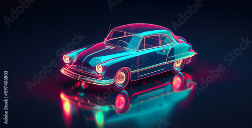 A retro car model in vibrant colors in isometric view. Postproducted generative AI illustration.