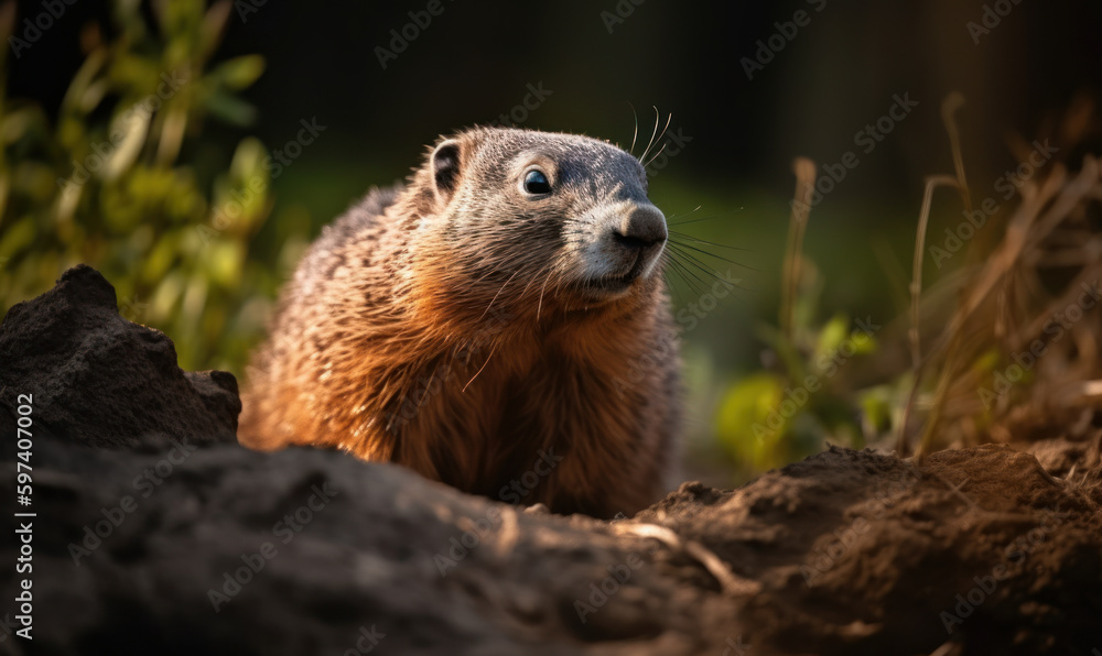 Photo of groundhog, captured as it emerges from its burrow in early morning light. composition highlights animal's natural habitat, with lush greenery and a soft, diffused background. Generative AI Photo of groundhog, captured as it emerges from its burrow in early morning light. composition highlights animal's natural habitat, with lush greenery and a soft, diffused background. Generative AI