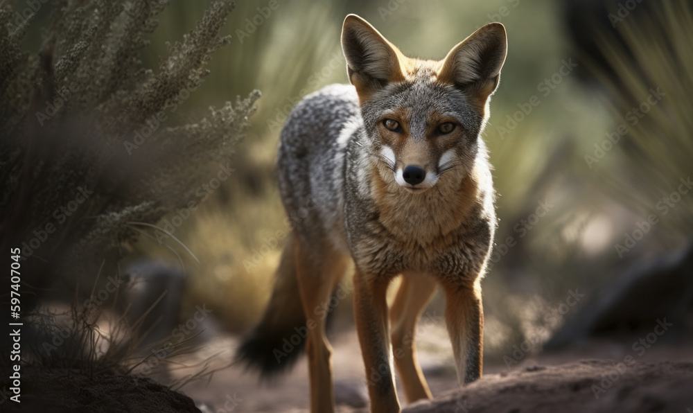 photo of gray fox in its natural habitat. Generative AI photo of gray fox in its natural habitat. Generative AI