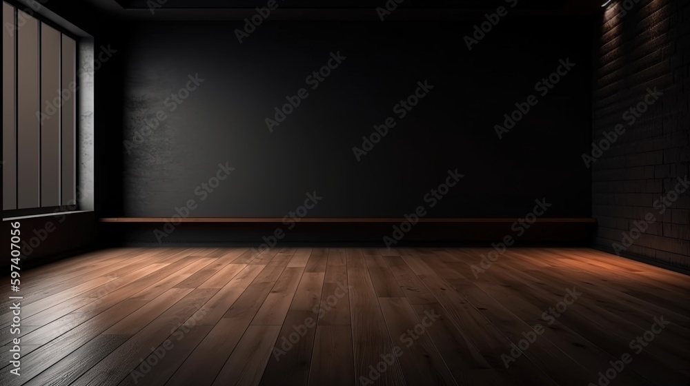 Empty room, dark wall with beautiful chiaroscuro and wooden floor ...