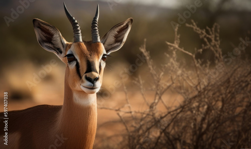 close up photo of gazelle on blurry savannah background. Generative AI
