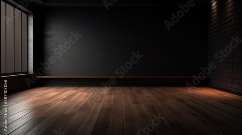 Empty room, dark wall with beautiful chiaroscuro and wooden floor. Minimalist background for product presentation, mockup. Generative AI