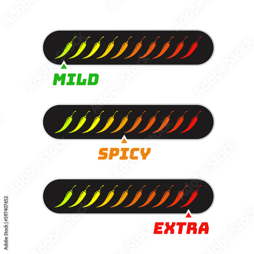 Spicy chili level scale mild, spicy, extra isolated on background. Pepper sauce with fire flame. Vector Illustration 10 eps