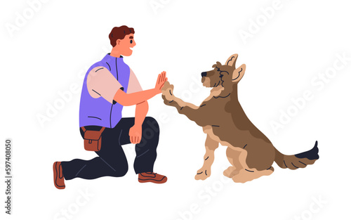 Man giving high five to dog. Doggy and canine trainer gesturing with hand and paw. Owner, cynologist training smart obedient puppy. Flat graphic vector illustration isolated on white background