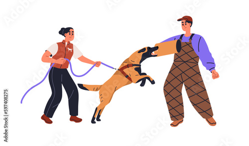 Dog trainer teaching Belgian shepherd doggy. Professional canine specialist, cynologist training agility, giving fass and attack command. Flat graphic vector illustration isolated on white background