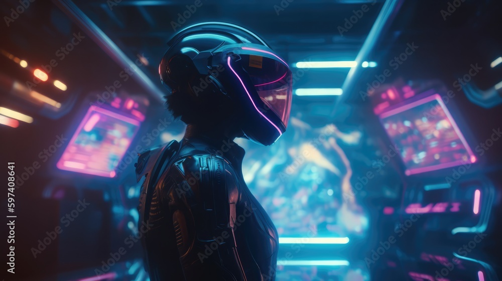80s Inspired Synthwave Space Station Corridor, Advanced Earth Orbiting Sanctuary, Anime Protagonist in Cutting Edge Mech Armor, Futuristic Sci-Fi Odyssey, Generative AI Illustration 80s Inspired Synthwave Space Station Corridor, Advanced Earth Orbiting Sanctuary, Anime Protagonist in Cutting Edge Mech Armor, Futuristic Sci-Fi Odyssey, Generative AI Illustration
