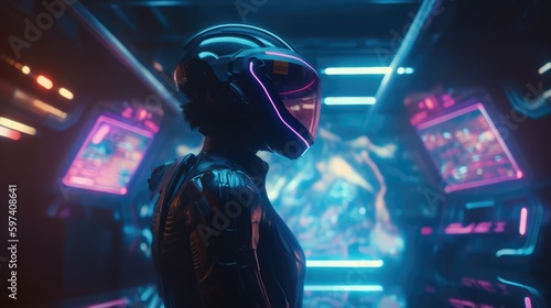 80s Inspired Synthwave Space Station Corridor, Advanced Earth Orbiting Sanctuary, Anime Protagonist in Cutting Edge Mech Armor, Futuristic Sci-Fi Odyssey, Generative AI Illustration