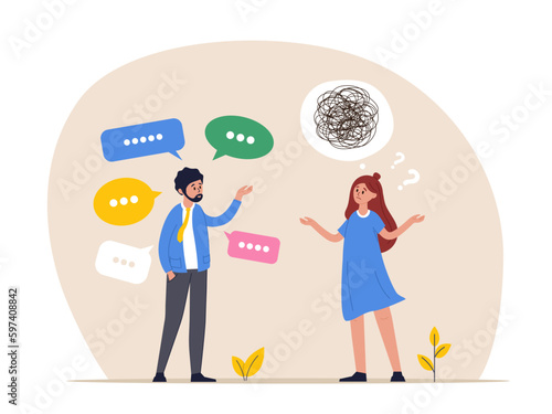 Verbal or oral communication skill, storytelling or explanation. Girl does not understand lot of information. Public speaking, talking or discussion, telling message or speech. Multiple speech bubbles