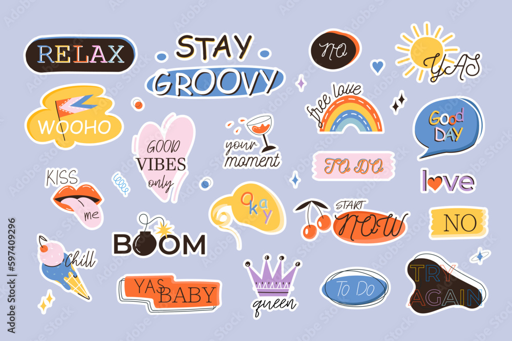 Colorful retro cartoon label shape set. Collection of bright motivational retro stickers. Luttering. Vector stock illustration. Collection of trendy vintage y2k sticker shapes. Cute children icon.