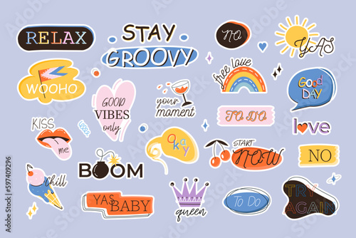 Colorful retro cartoon label shape set. Collection of bright motivational retro stickers. Luttering. Vector stock illustration. Collection of trendy vintage y2k sticker shapes. Cute children icon.