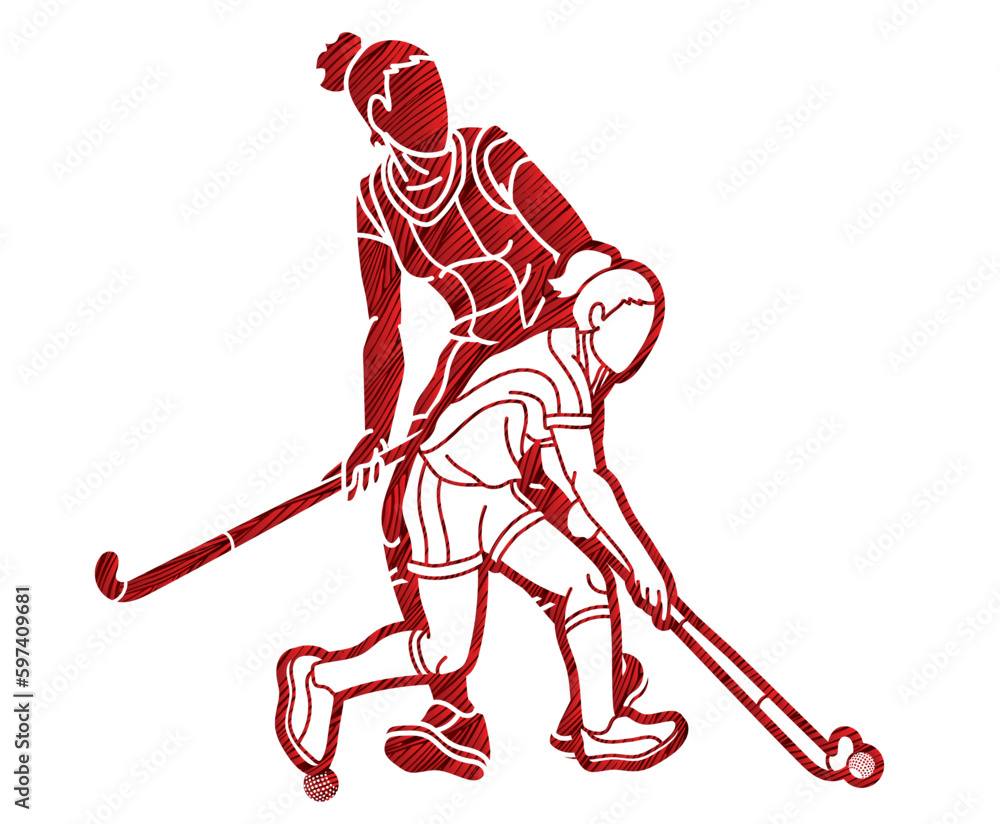Fototapeta premium Group of Field Hockey Sport Team Mix Action Female Players Cartoon Graphic Vector