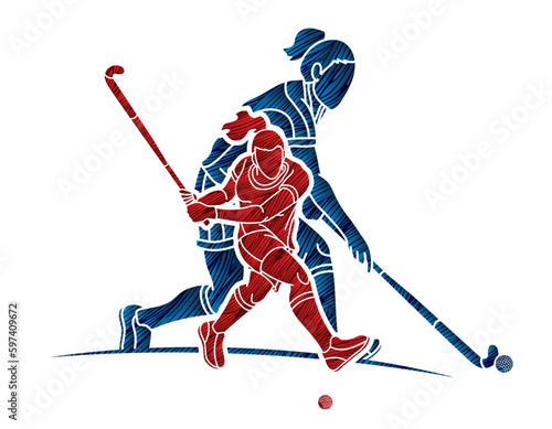 Group of Field Hockey Sport Team Mix Action Female Players Cartoon Graphic Vector