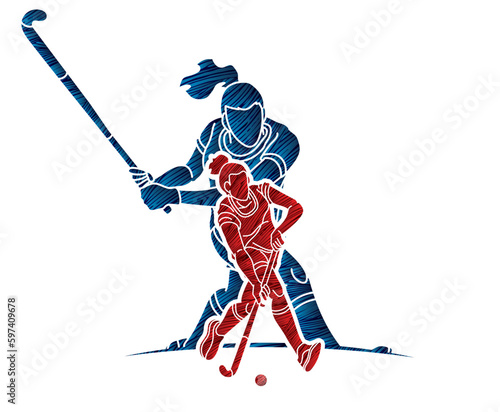 Group of Field Hockey Sport Team Mix Action Female Players Cartoon Graphic Vector