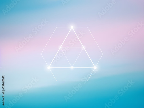 Sacred geometry spiritual new age futuristic illustration with transmutation interlocking circles, triangles and glowing particles