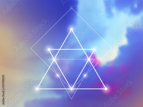 Sacred geometry spiritual new age futuristic illustration with transmutation interlocking circles, triangles and glowing particles