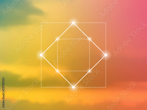 Sacred geometry spiritual new age futuristic illustration with transmutation interlocking circles, triangles and glowing particles